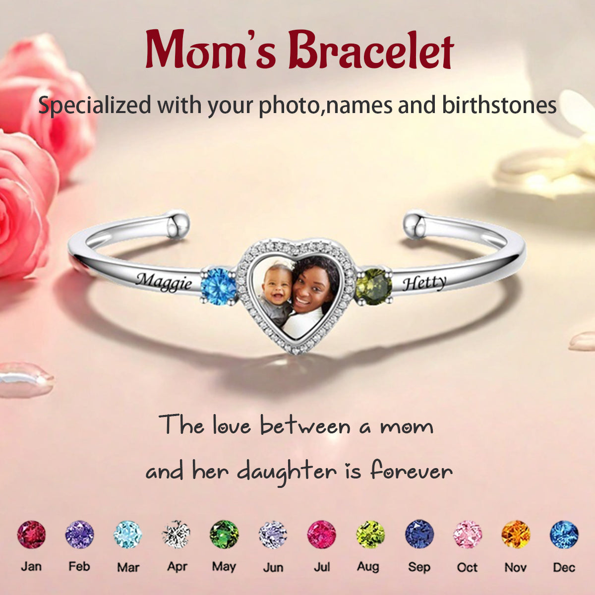 Custom Birthstone Bracelet With Name Photo Engraved Mother's Day Gift