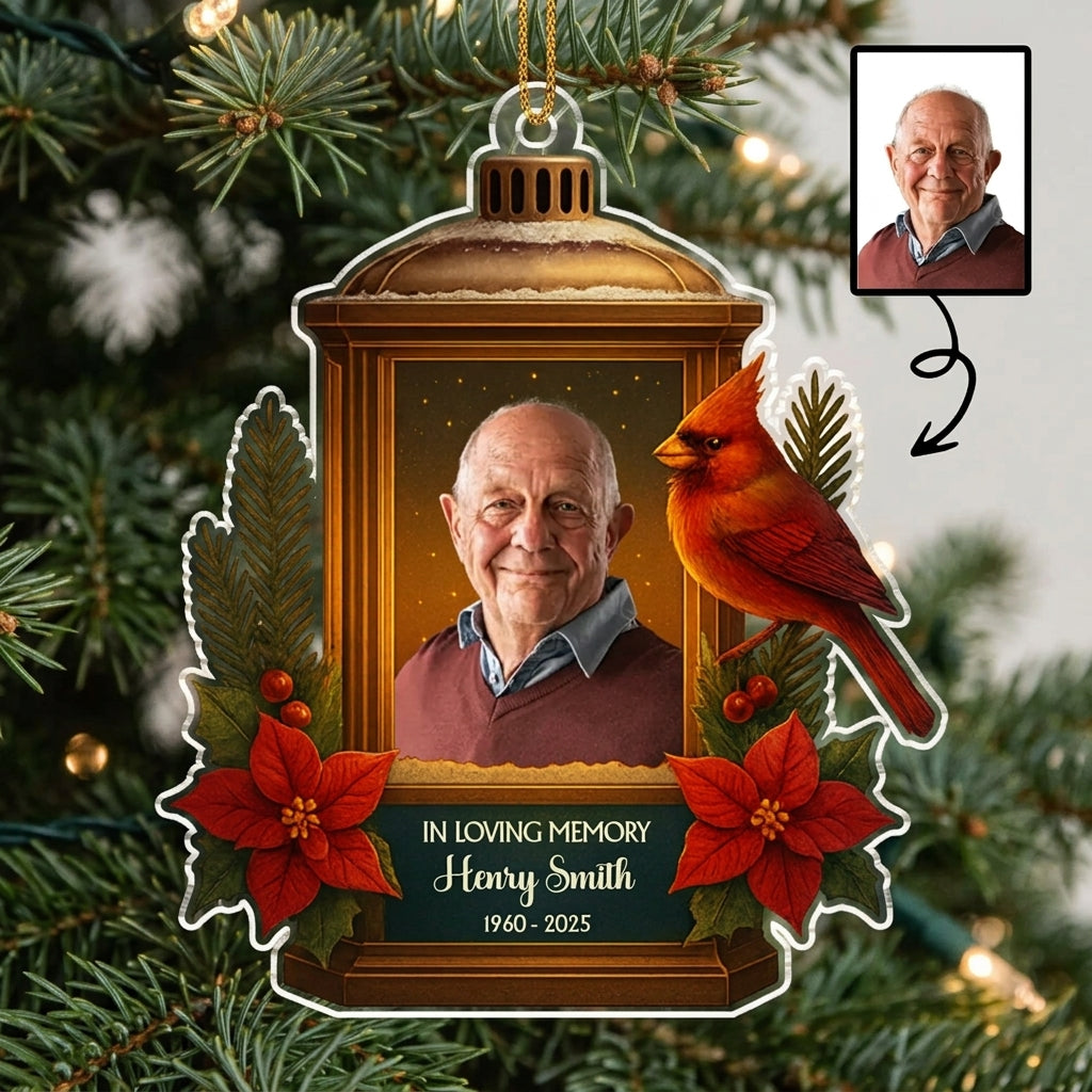 Personalized Photo "In Loving Memory" Christmas Ornament With Cardinal Lantern - Sympathy Gift