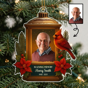 Personalized Photo "In Loving Memory" Christmas Ornament With Cardinal Lantern - Sympathy Gift