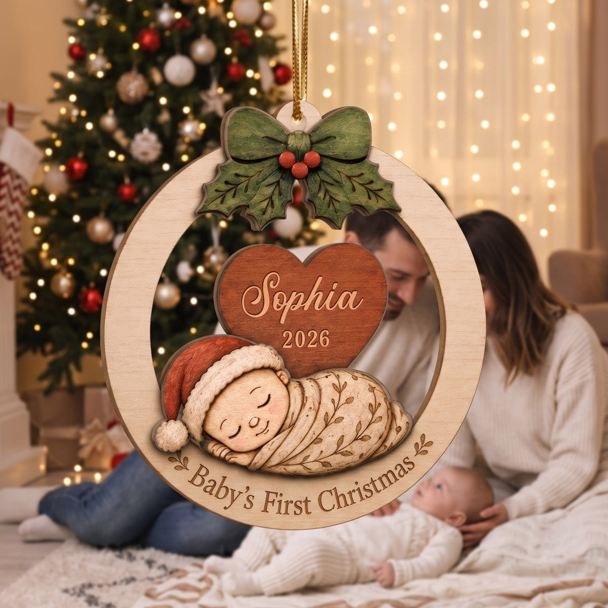 Personalized Name Heart Wooden Ornament With Sleeping Baby For 1st Christmas Gift