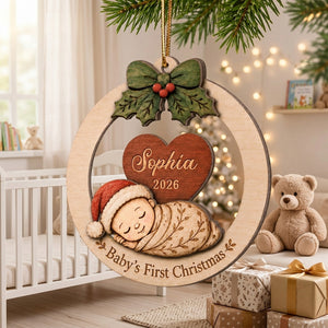 Personalized Name Heart Wooden Ornament With Sleeping Baby For 1st Christmas Gift