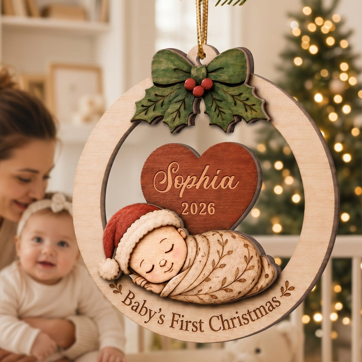 Personalized Name Heart Wooden Ornament With Sleeping Baby For 1st Christmas Gift