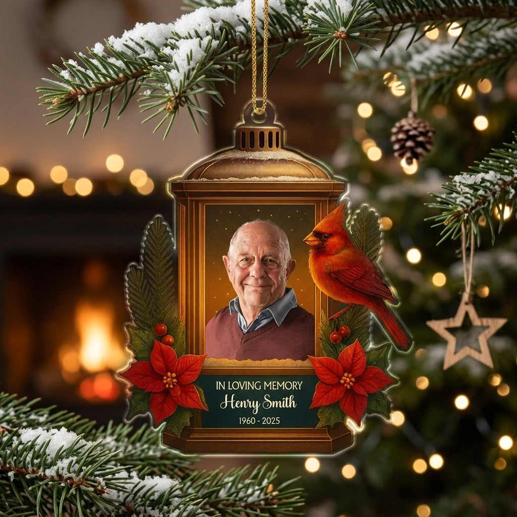 Personalized Photo "In Loving Memory" Christmas Ornament With Cardinal Lantern - Sympathy Gift