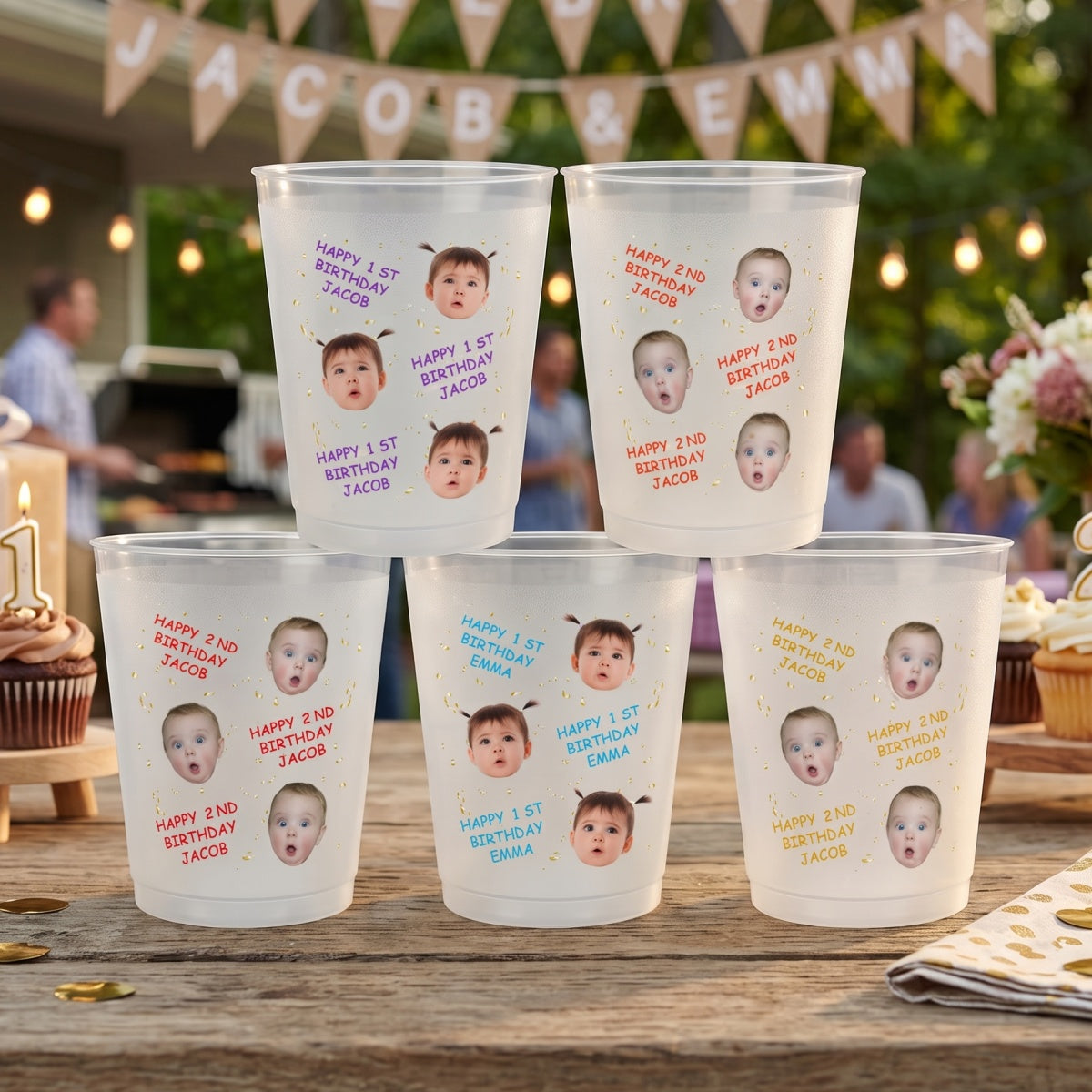 Personalized Cute Face Plastic Cups With Gold Confetti For Kid Birthday Party Favors Cup