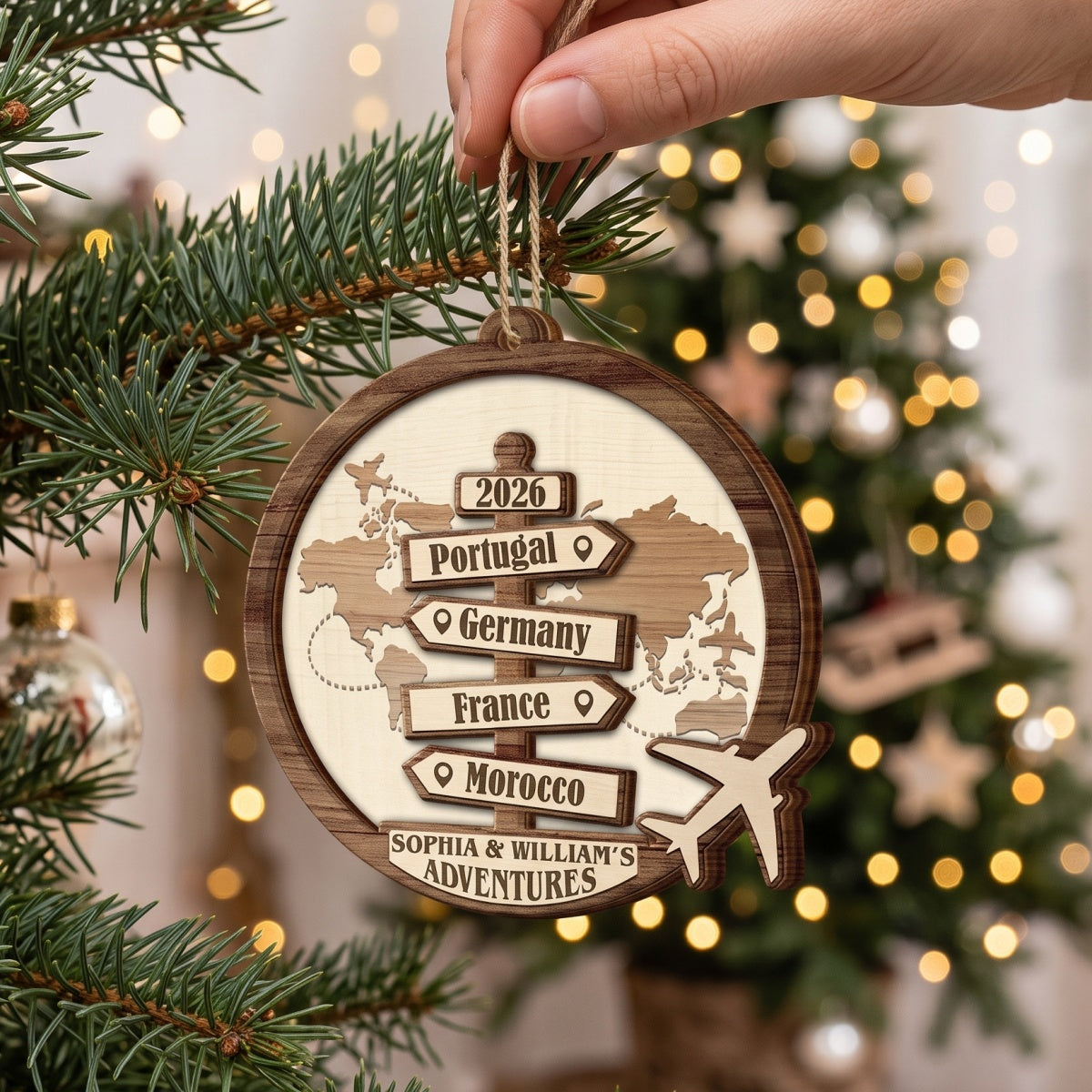 Personalized Destination Of All Year Christmas Ornament With Signpost & World Map For Couple Gift