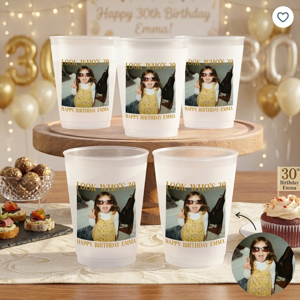 Personalized Photo Birthday Plastic Cups With Look Who's Age For Party Favors
