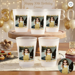 Personalized Photo Birthday Plastic Cups With Look Who's Age For Party Favors