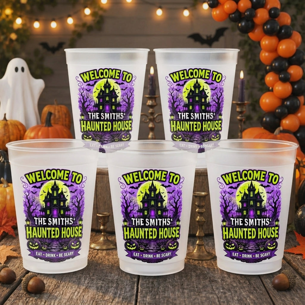 Personalized Family Name Plastic Cups With Haunted House & Full Moon For Halloween