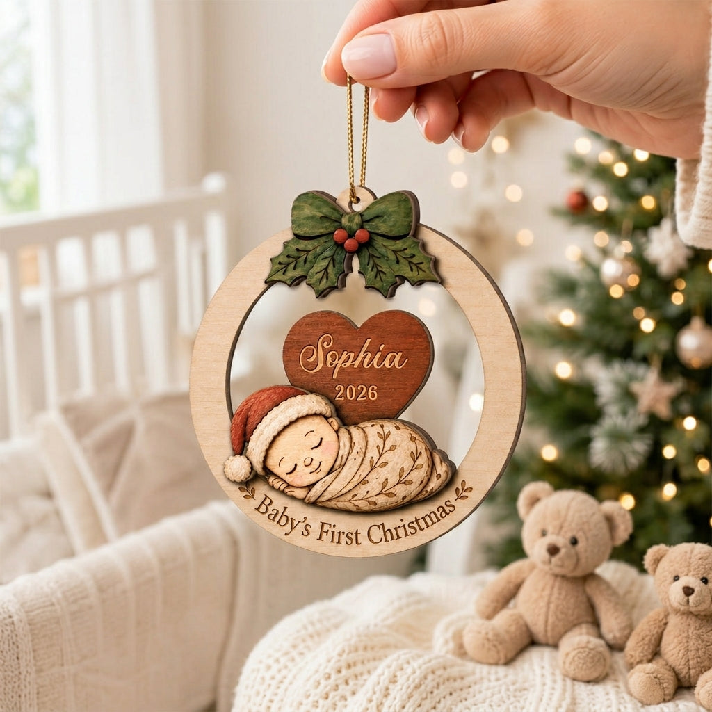 Personalized Name Heart Wooden Ornament With Sleeping Baby For 1st Christmas Gift
