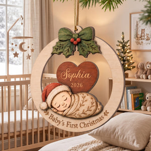Personalized Name Heart Wooden Ornament With Sleeping Baby For 1st Christmas Gift