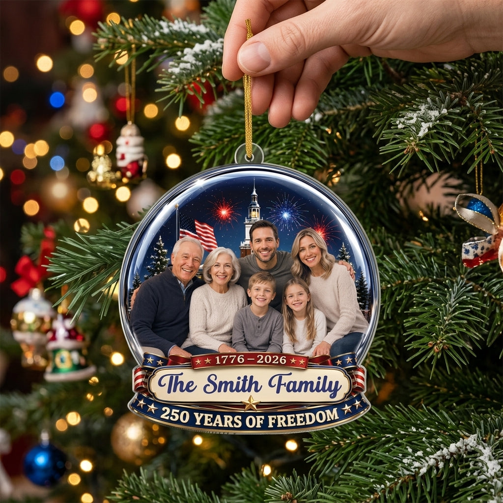 Personalized Family Photo 250th Acrylic Ornament With Fireworks Globe For Christmas Gift