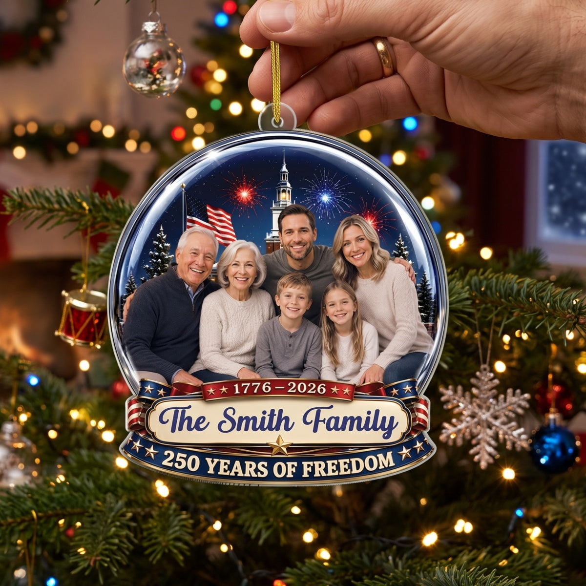 Personalized Family Photo 250th Acrylic Ornament With Fireworks Globe For Christmas Gift