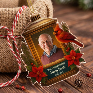 Personalized Photo "In Loving Memory" Christmas Ornament With Cardinal Lantern - Sympathy Gift