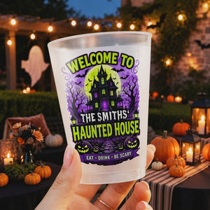Personalized Family Name Plastic Cups With Haunted House & Full Moon For Halloween