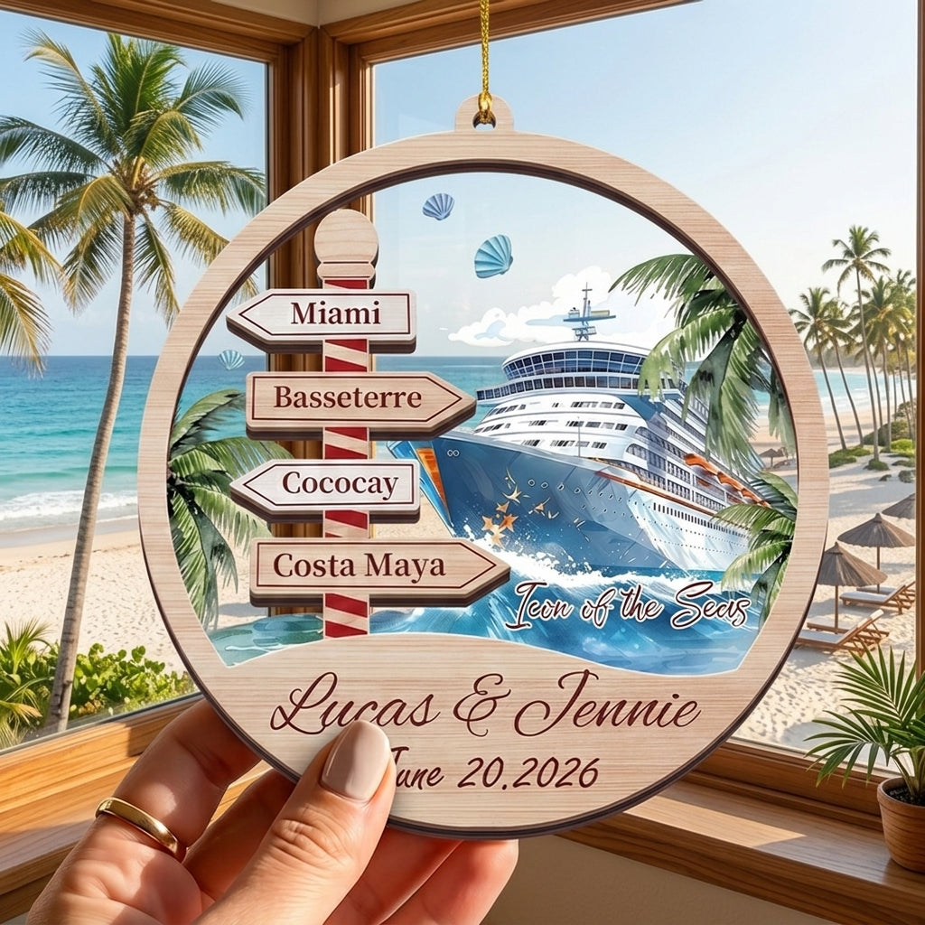 Personalized Name Christmas Ornament With Cruise Ship & Signpost For Vacation Gift
