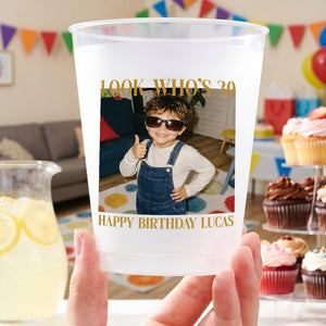 Personalized Photo Birthday Plastic Cups With Look Who's Age For Party Favors