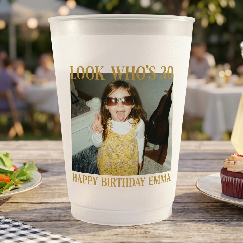 Personalized Photo Birthday Plastic Cups With Look Who's Age For Party Favors