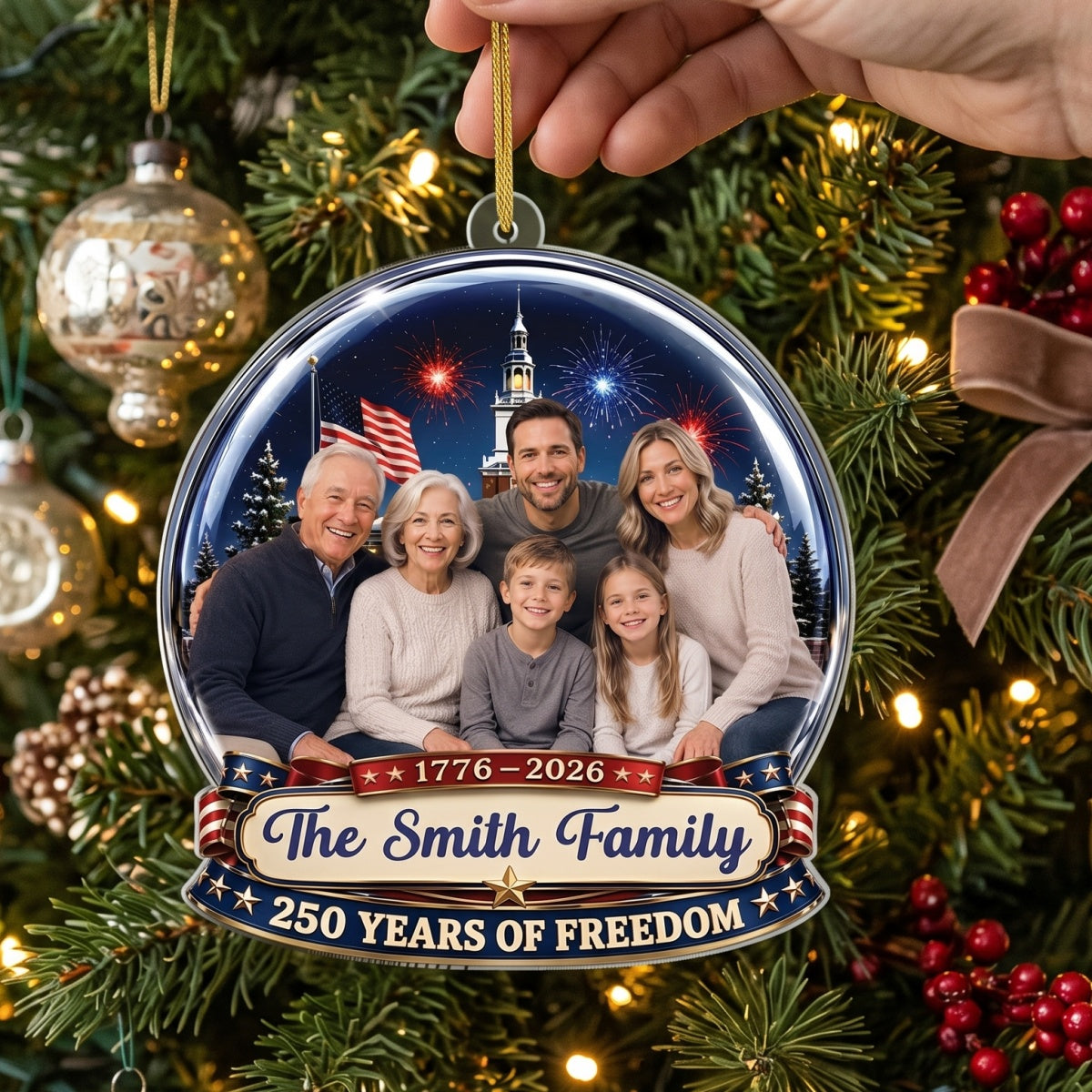 Personalized Family Photo 250th Acrylic Ornament With Fireworks Globe For Christmas Gift