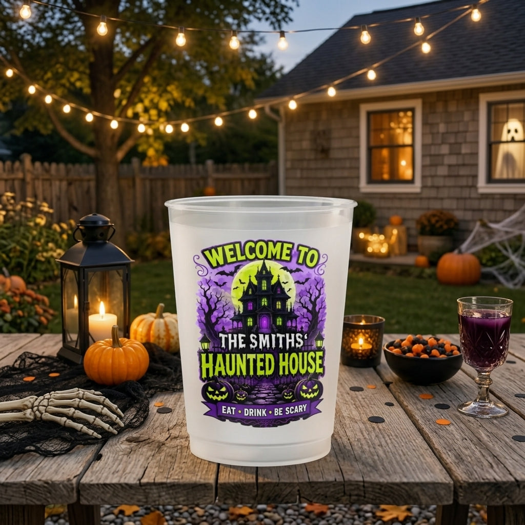 Personalized Family Name Plastic Cups With Haunted House & Full Moon For Halloween