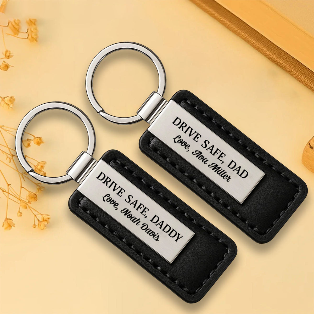 Personalized Metal With Leather Keychain Drive Safe, Daddy, Gift For Dad Grandpa,For Men Father's Day Gift