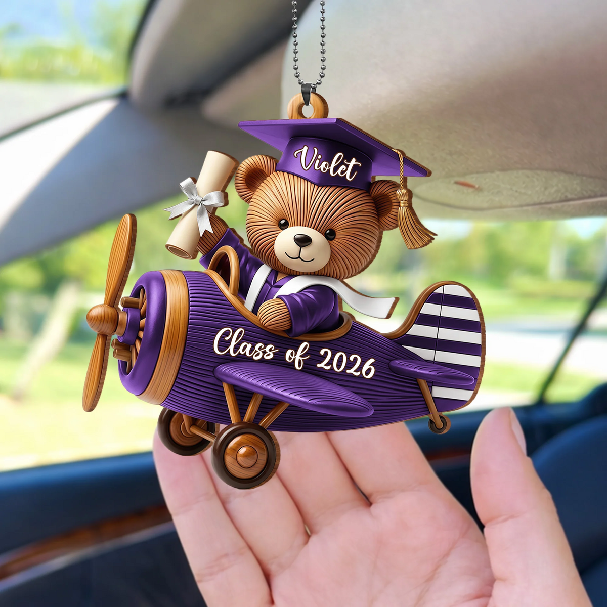 Personalized Wooden Graduation Bear Airplane Car Hanging Ornament With Name & Year | Gift For Graduates