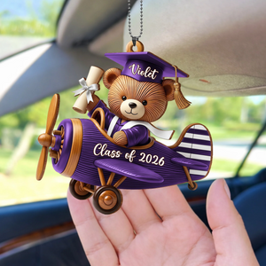 Personalized Wooden Graduation Bear Airplane Car Hanging Ornament With Name & Year | Gift For Graduates