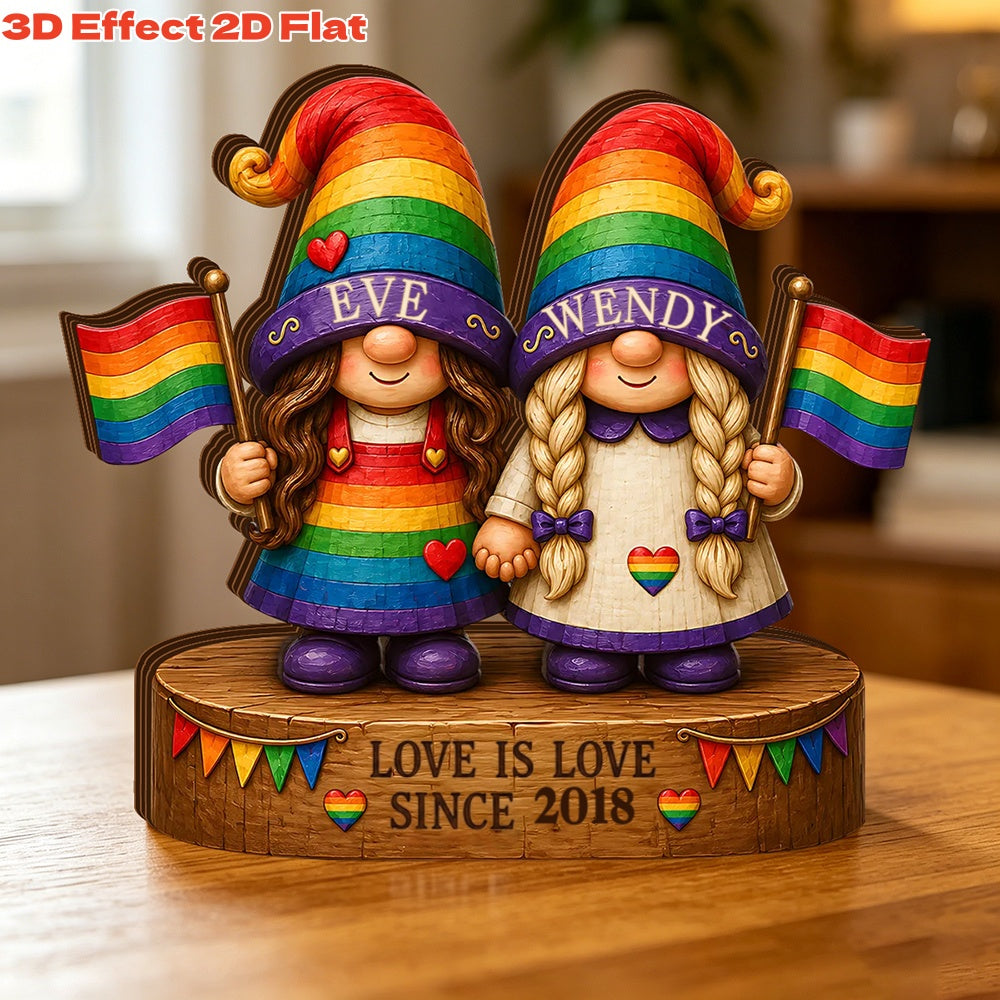 Customized Rainbow Gnome Couple Wooden Block With Names & Year - Anniversary Surprise Gift For LGBTQ Or Bestie