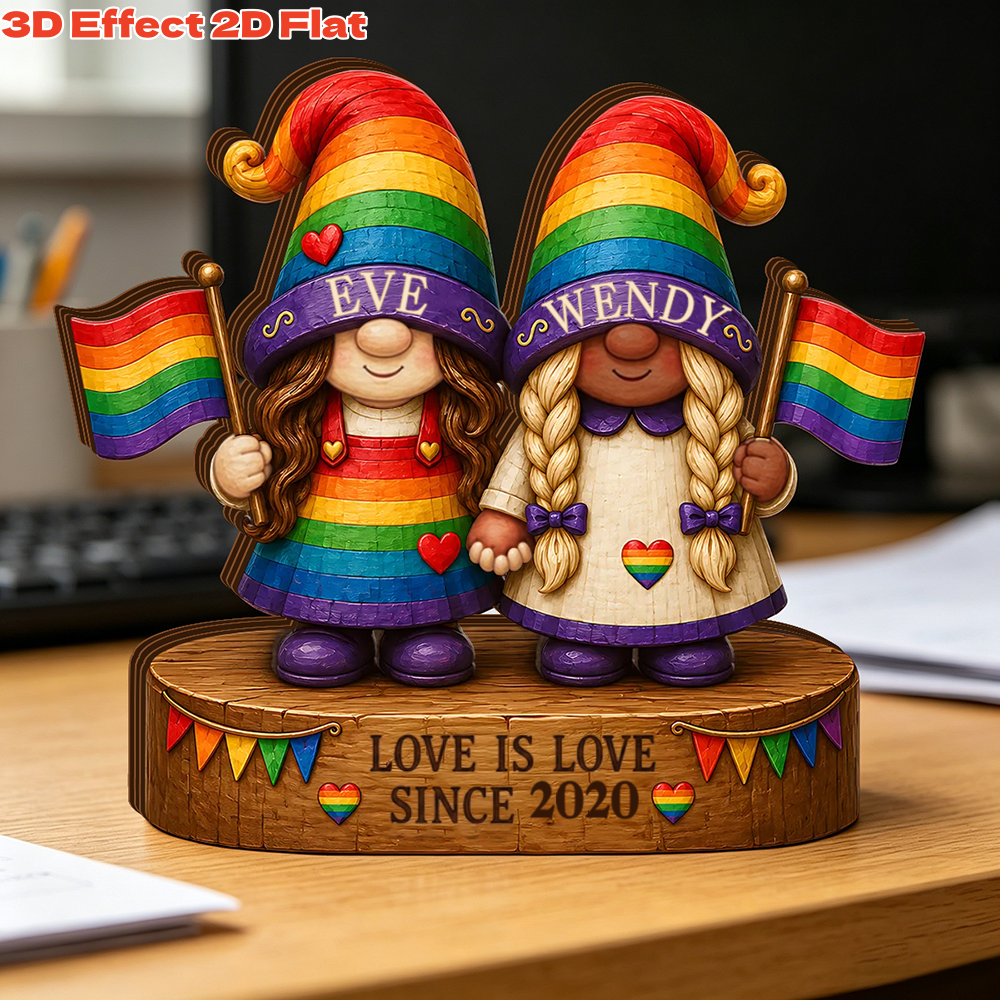 Customized Rainbow Gnome Couple Wooden Block With Names & Year - Anniversary Surprise Gift For LGBTQ Or Bestie