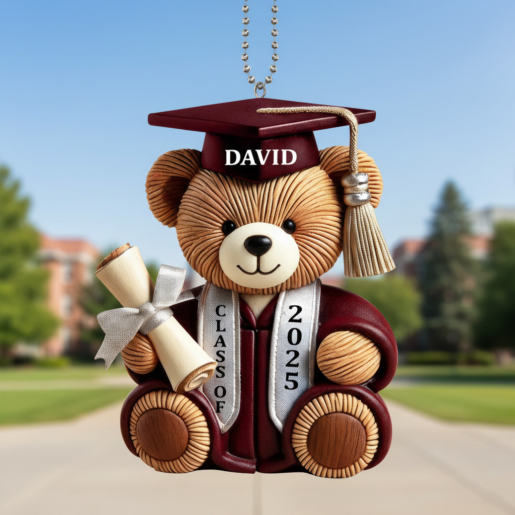 Personalized Graduation Wishes Teddy Bear Wood Ornament With Year & Name - Heartfelt Class Of Year Gift For Friends & College Graduates