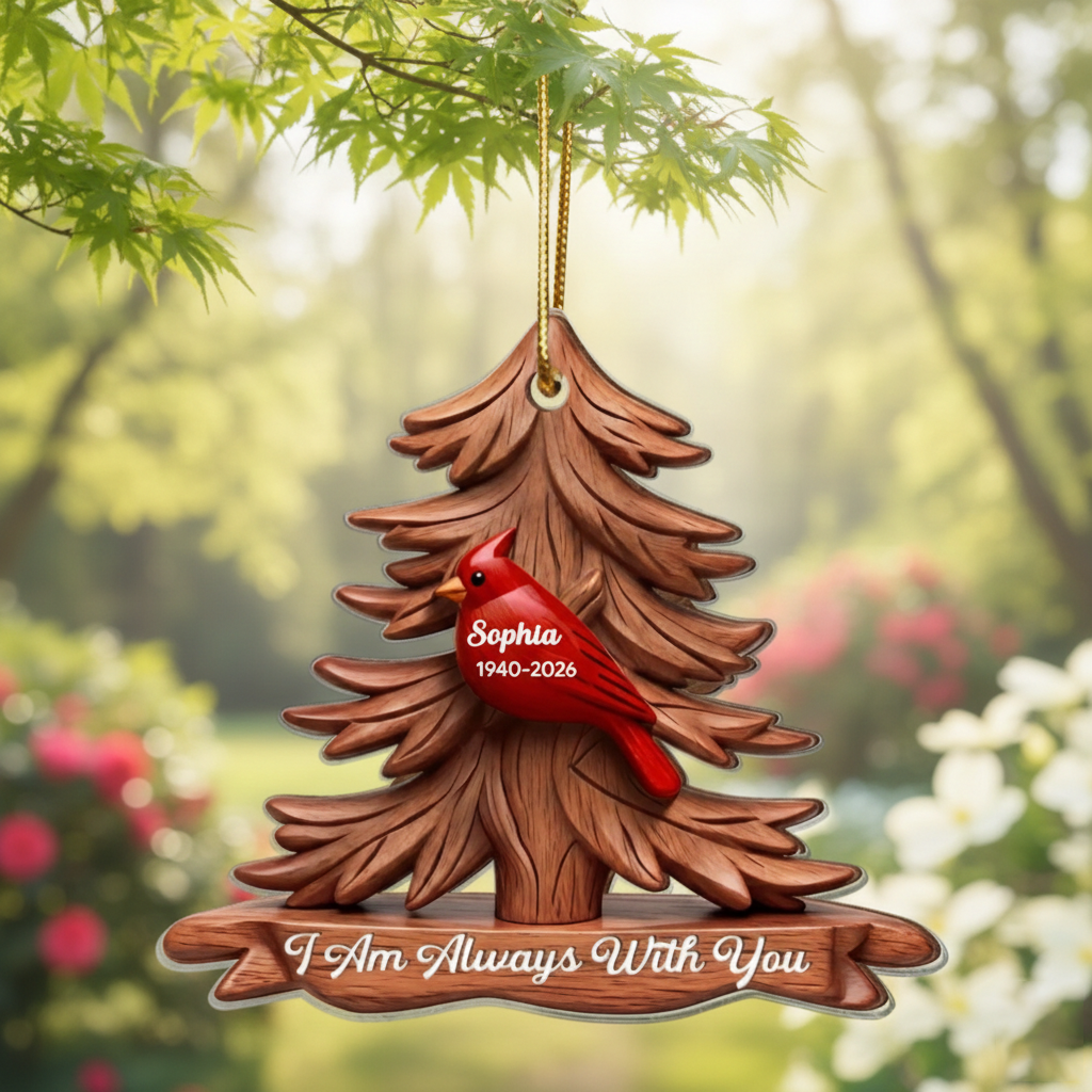 Personalized "Always With You" Cardinal Pine Tree Acrylic Car Ornament With Names & Years - Sympathy Gift For Loss Of Bereaved Families