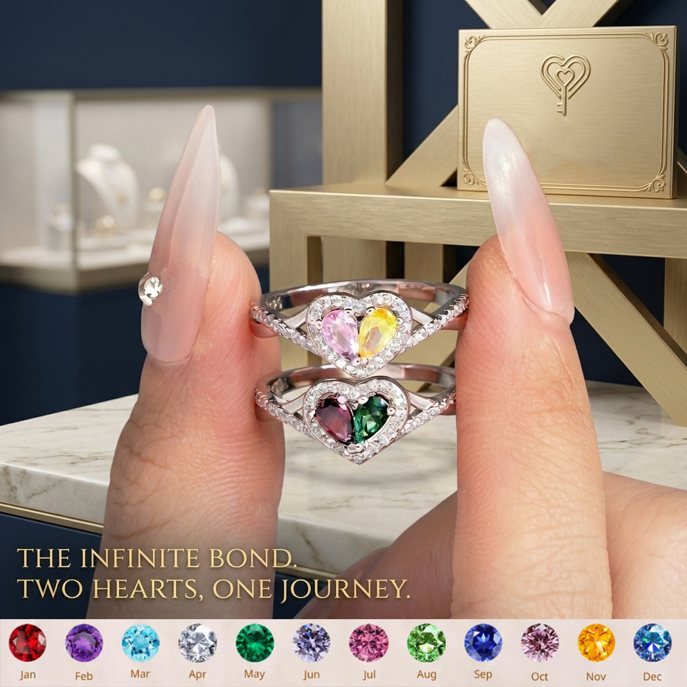 Personalized Two-Stone Heart Minimalist Ring With Birthstones - Valentine's Day Gift For Her