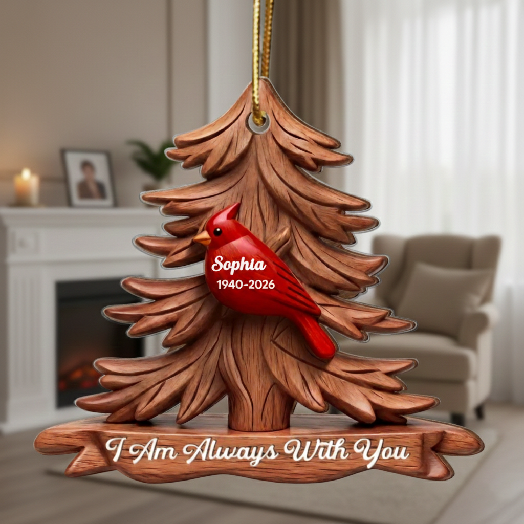 Personalized "Always With You" Cardinal Pine Tree Acrylic Car Ornament With Names & Years - Sympathy Gift For Loss Of Bereaved Families