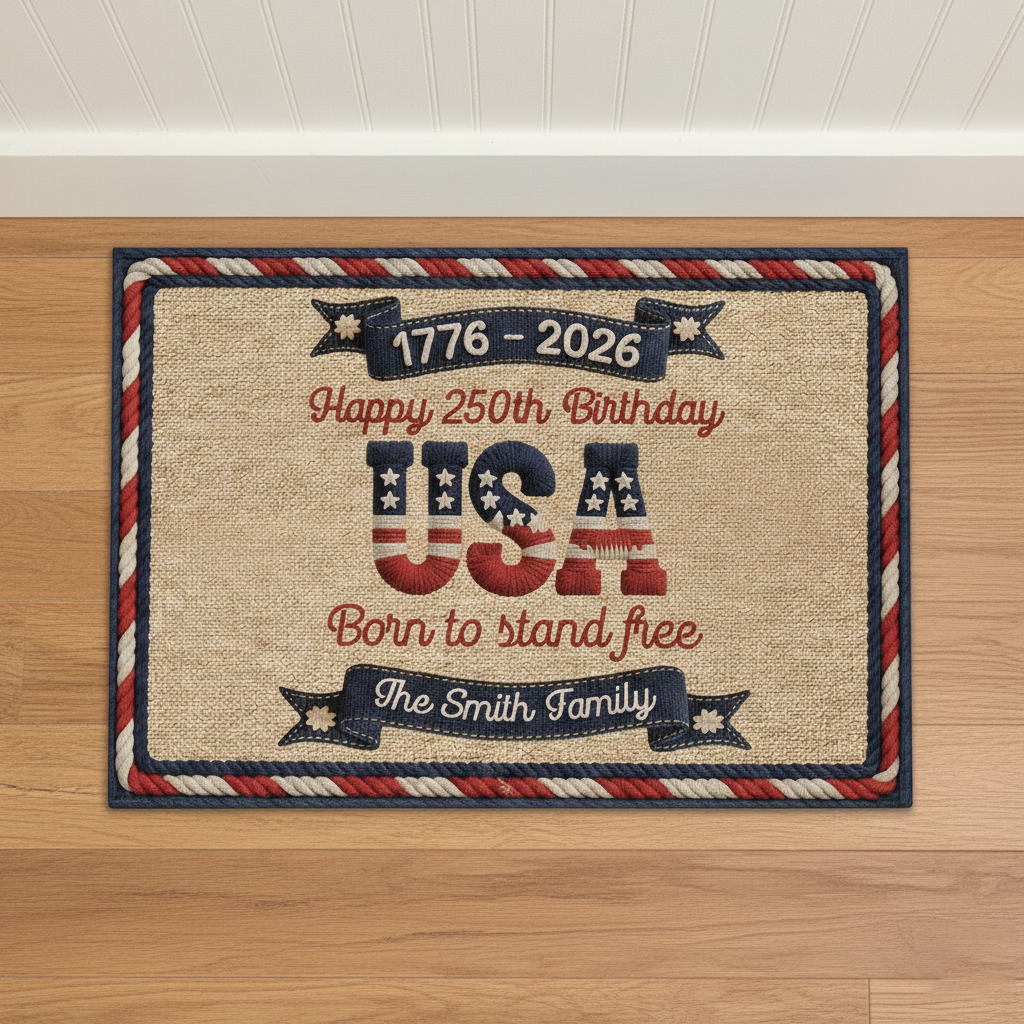 Personalized USA 250th Semicentennial Welcome Doormat With  Family Name & Qoute - 2026 Independence Day Commemorative Gift For Home