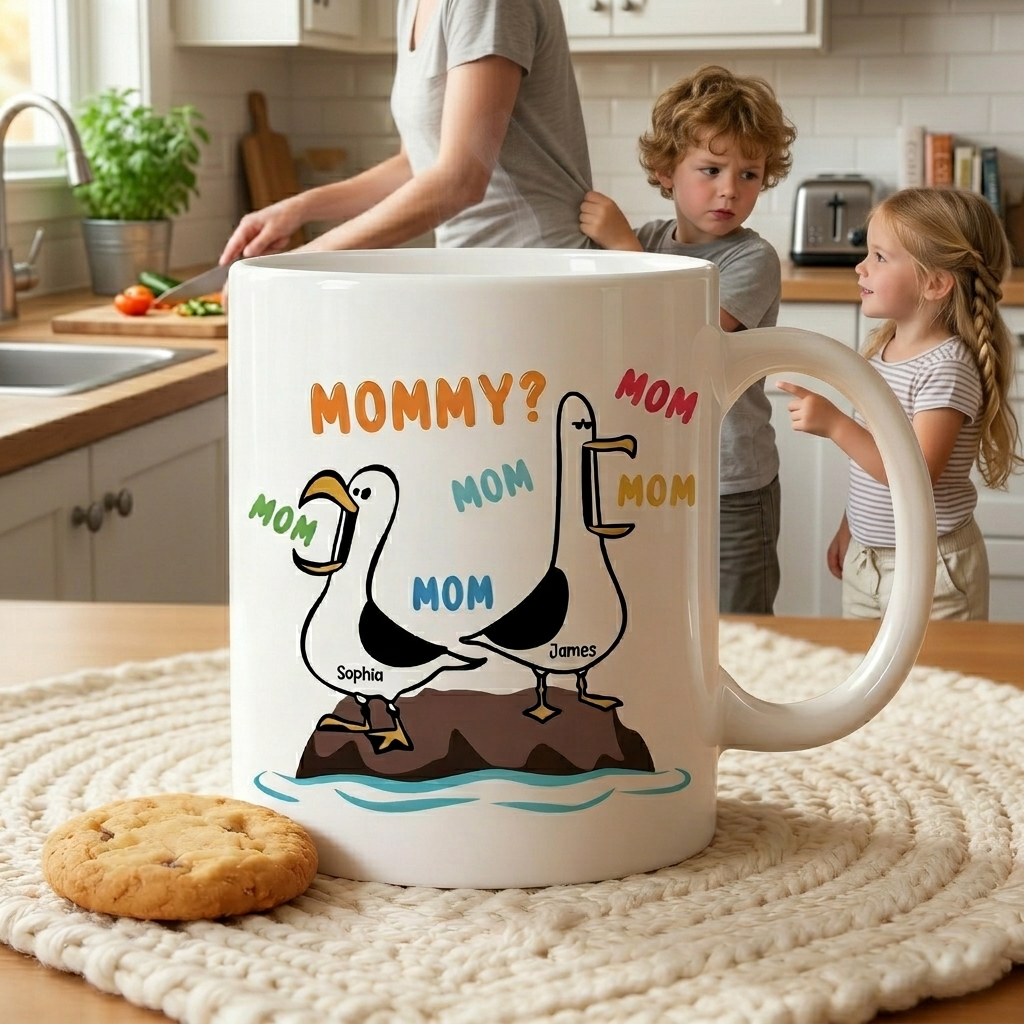 Customized Humorous Seagull Ceramic Mug With Child Names - Mother's Day Gift For Mommy & Grandma