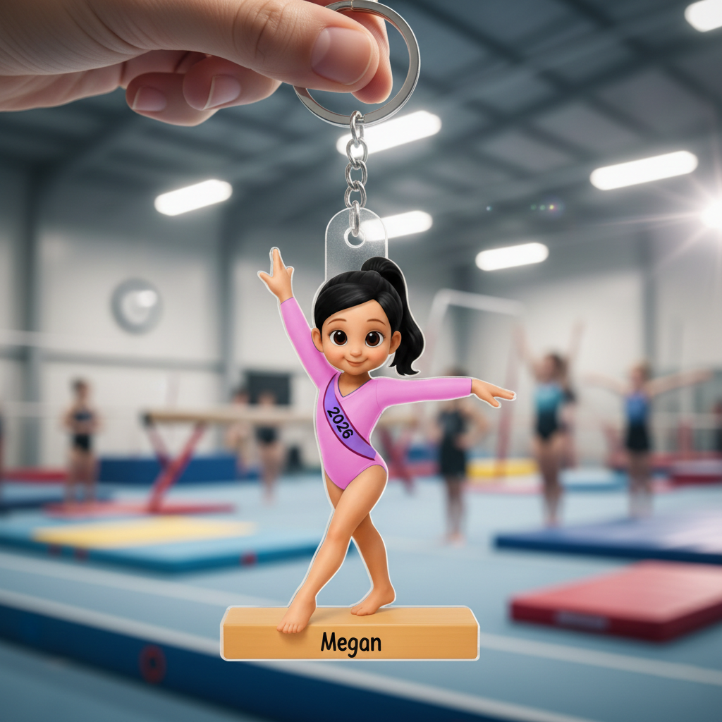 Personalized Bright Cute Girl Gymnastics Acrylic Keychain With Name & Icons & Year - Meet Day Gift Backpack Charm For Gymnastic Daughters