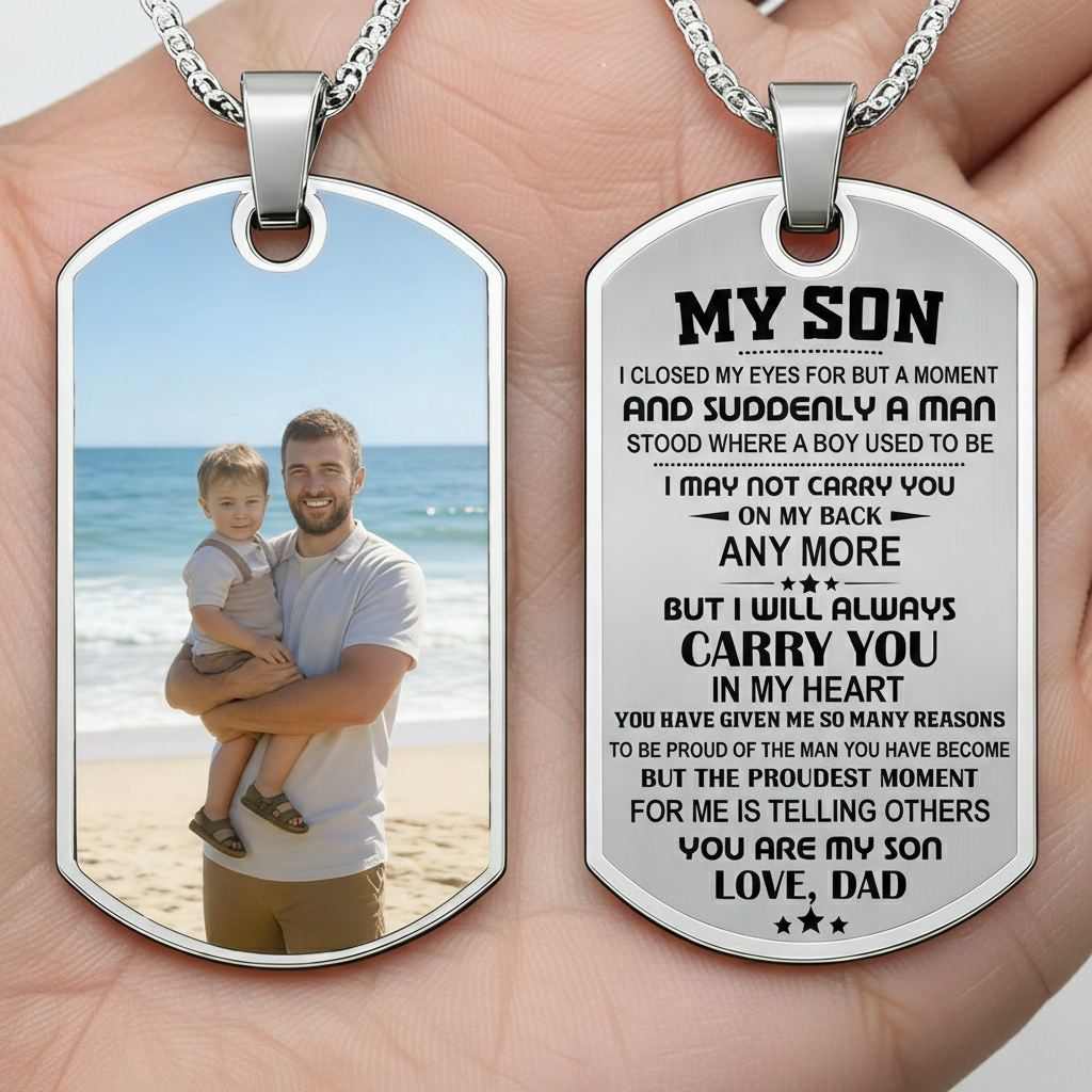 Personalized Cherished Memories Double-Sided Tag Necklace With Photo & Engraved Quote  - Graduation Father’s Day Gift For Dad Or Son