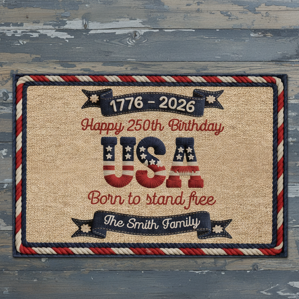 Personalized USA 250th Semicentennial Welcome Doormat With  Family Name & Qoute - 2026 Independence Day Commemorative Gift For Home