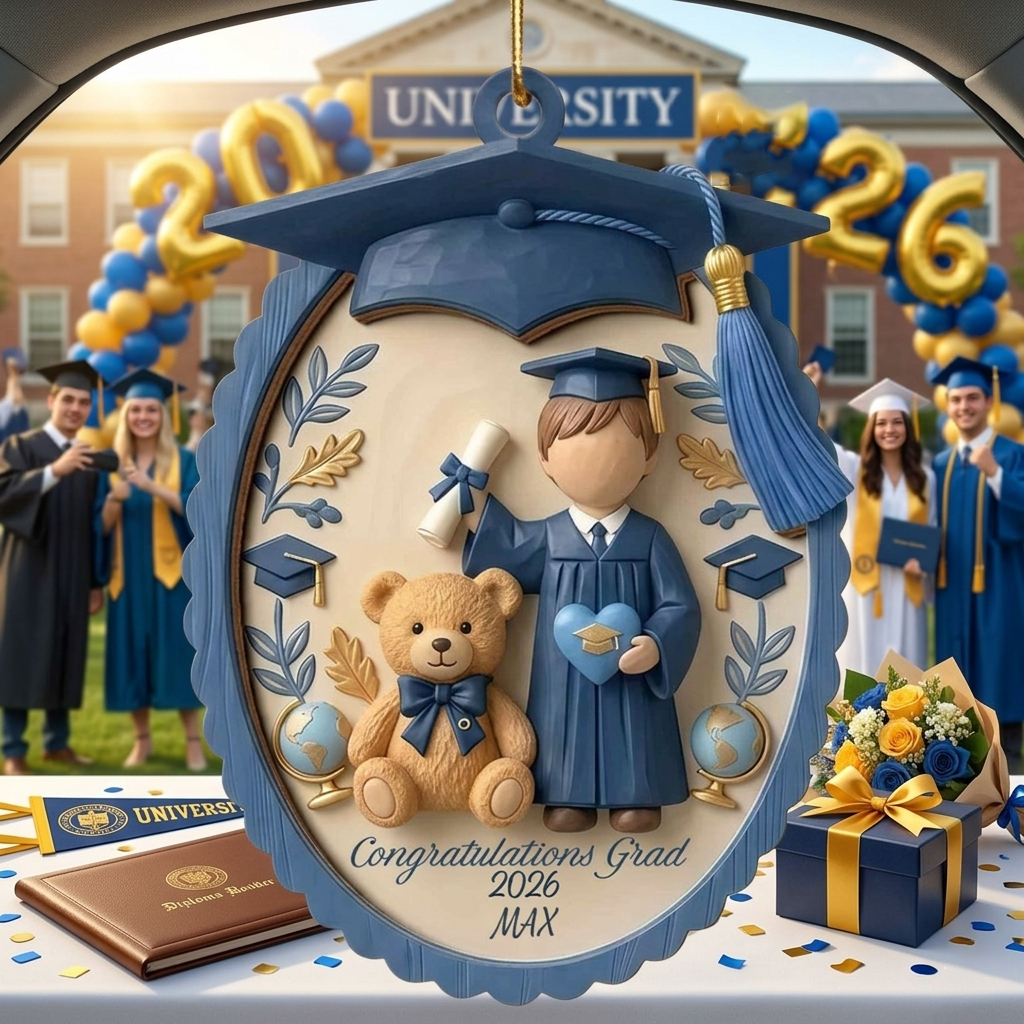 Customized Grad Bear Hand-Painted Wood Ornament With Name & Year - Graduation Gift For Son & Daughter