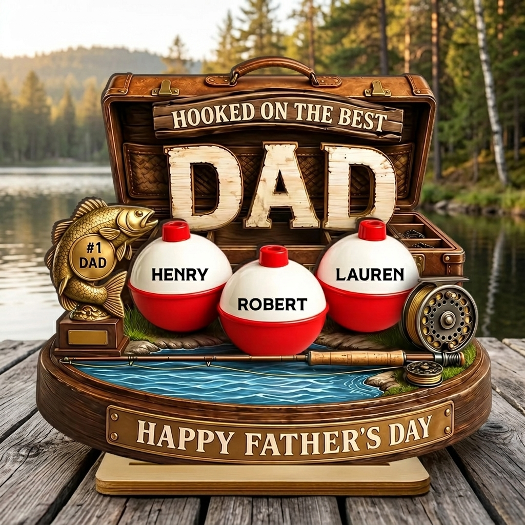 Personalized Dad Fishing Lake Scene 3D Effect Wooden Plaque - Father's Day Gift For Fishing Lovers