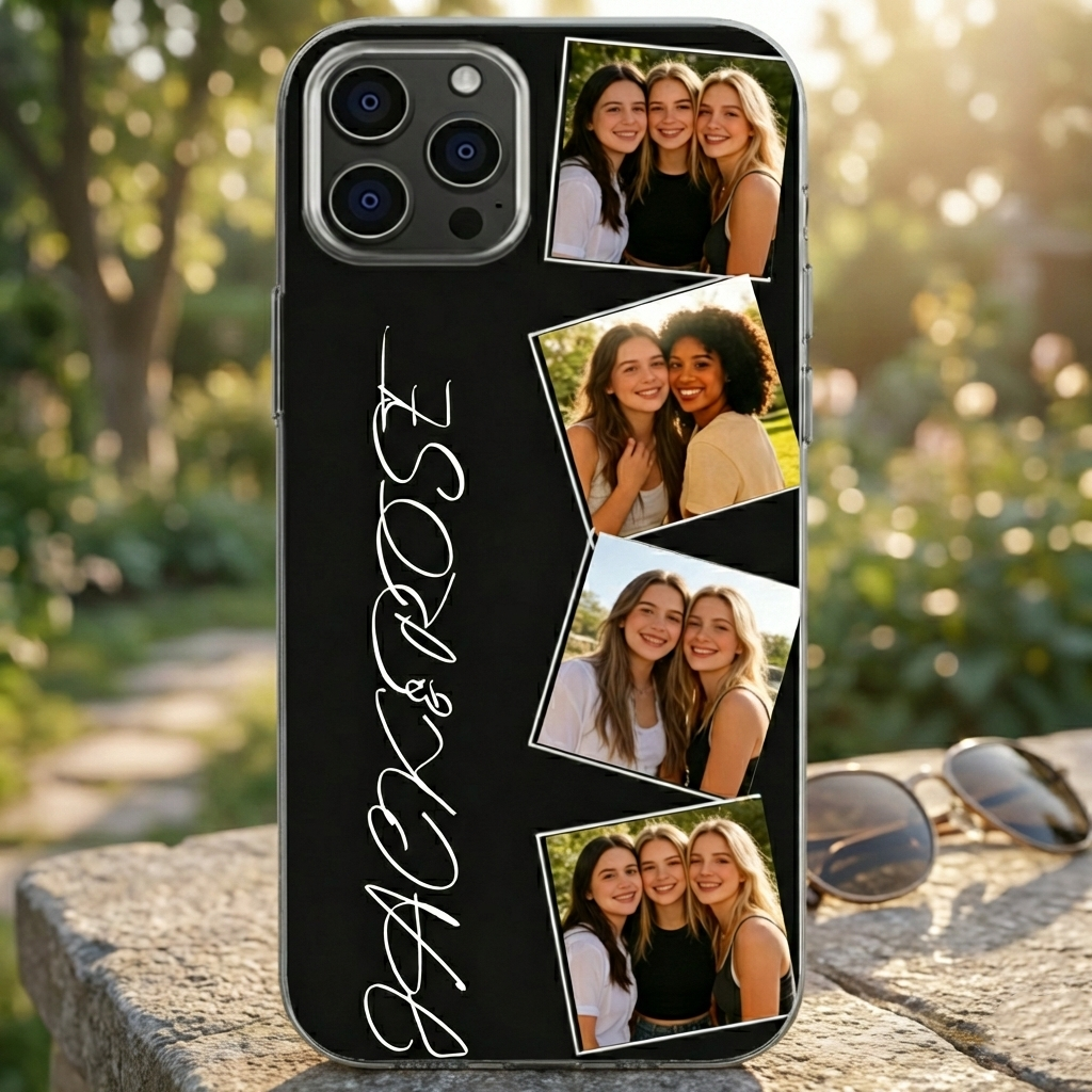 Personalized Collage Photo Minimalist Clear Phone Case With Names & BFF Picture - Birthday Anniversary Gift For Best Friends & Couples