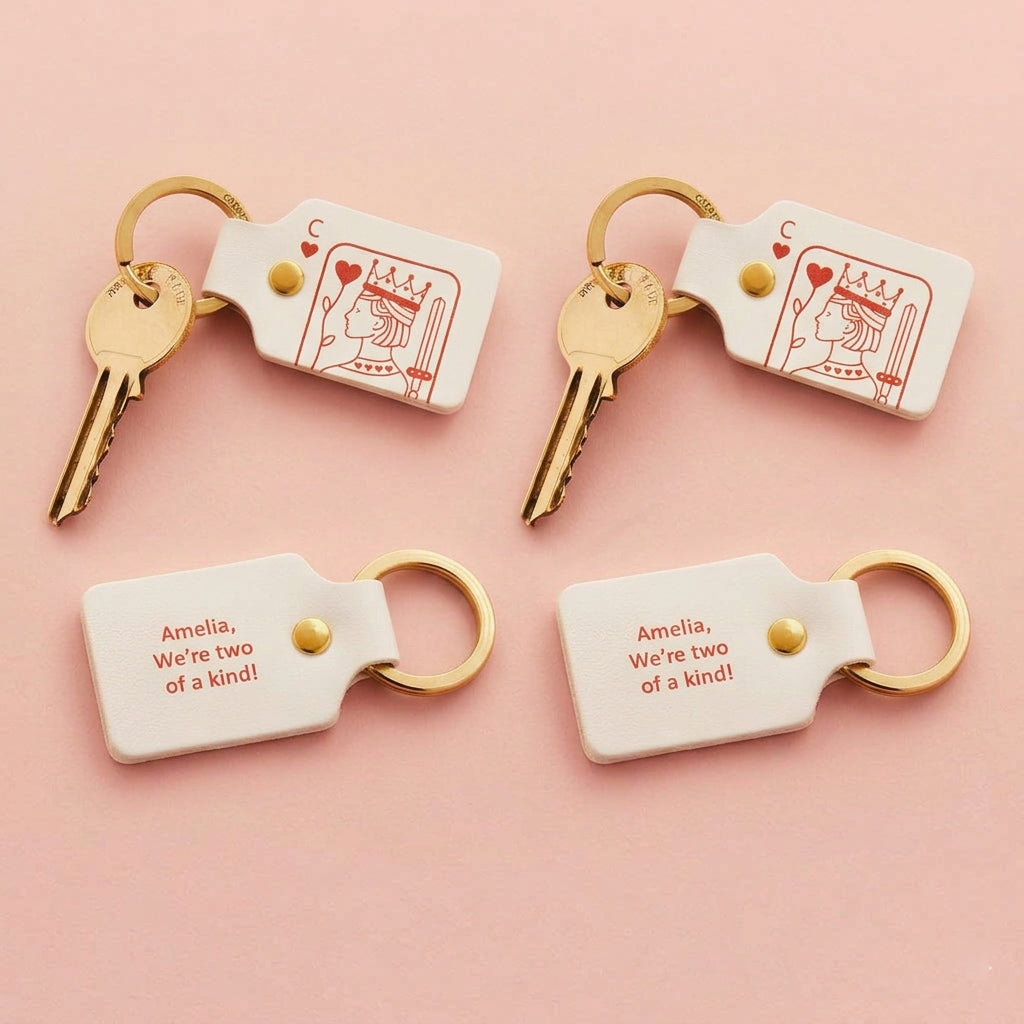 Personalized Playing Card Queen Leather Keychain With Initials & Message - Valentine's Day Gift For Couples