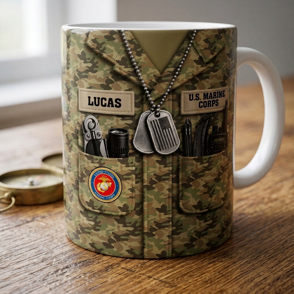 Personalized Name US Army Ceramic Coffee Mug With Camo Uniform Dog Tag For 4th Of July