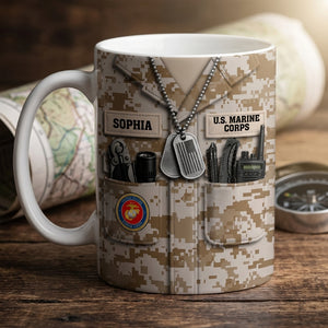 Personalized Name US Army Ceramic Coffee Mug With Camo Uniform Dog Tag For 4th Of July