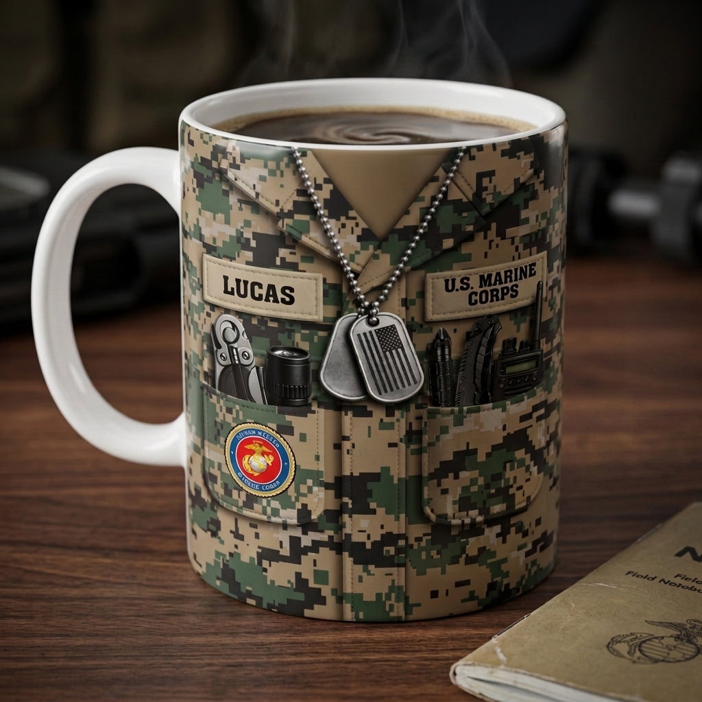Personalized Name US Army Ceramic Coffee Mug With Camo Uniform Dog Tag For 4th Of July