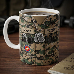 Personalized Name US Army Ceramic Coffee Mug With Camo Uniform Dog Tag For 4th Of July