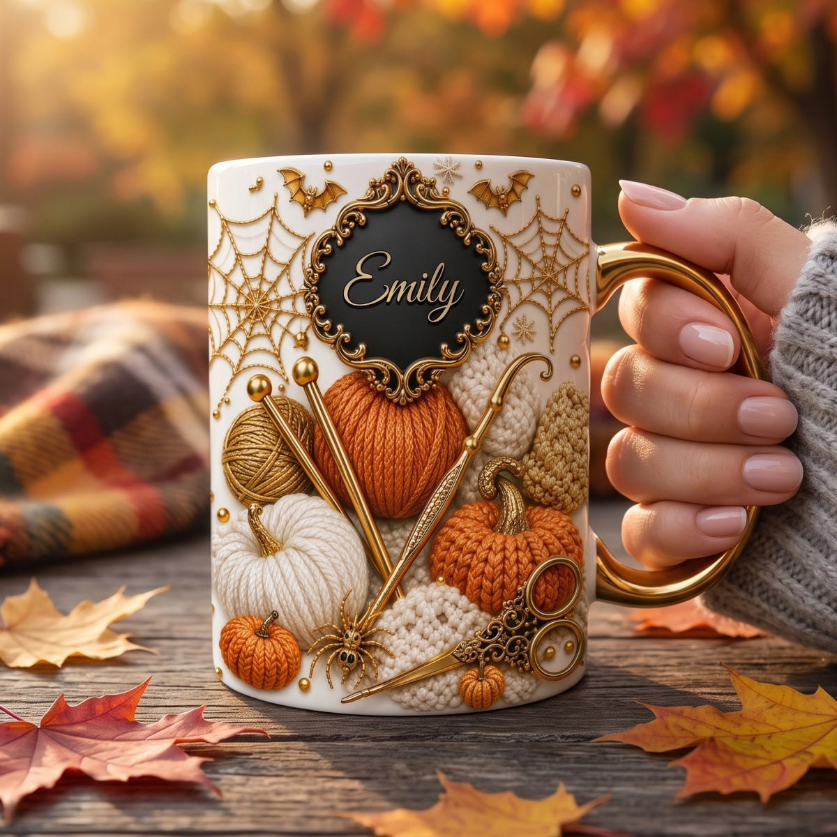 Personalized Name Ceramic Coffee Mug - Cozy Fall Crochet Vibes For Crocheter Gift