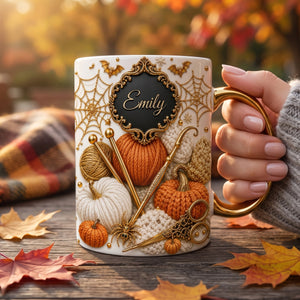 Personalized Name Ceramic Coffee Mug - Cozy Fall Crochet Vibes For Crocheter Gift