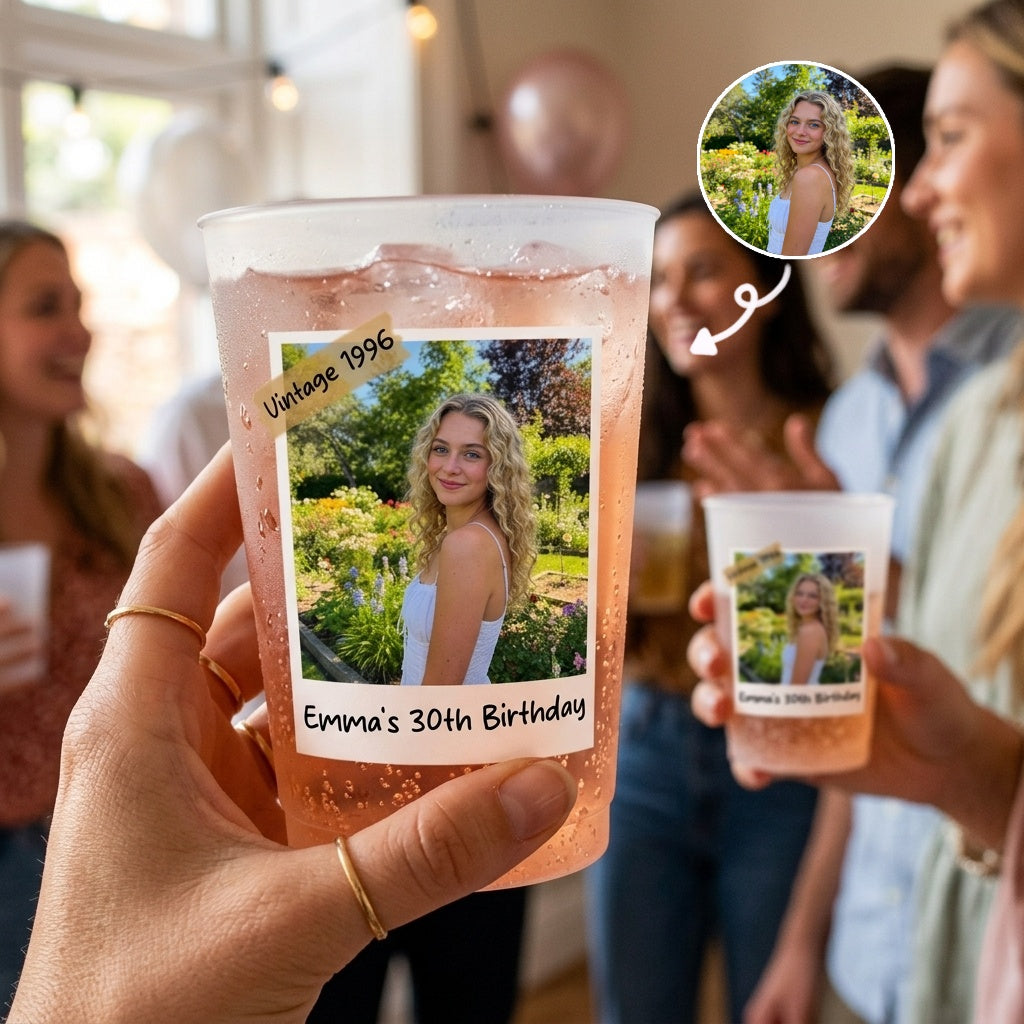 Personalized Photo Birthday Plastic Cups With Polaroid Photo Frame For Party