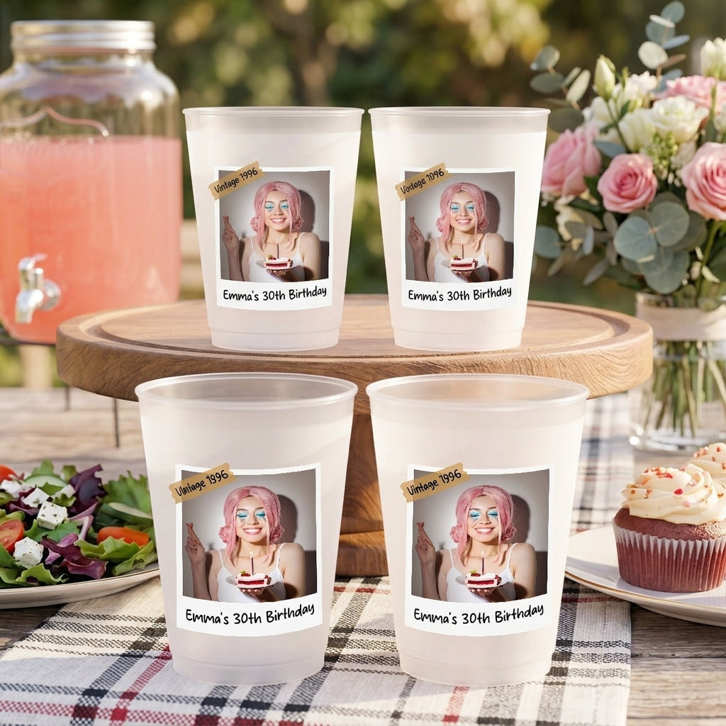 Personalized Photo Birthday Plastic Cups With Polaroid Photo Frame For Party