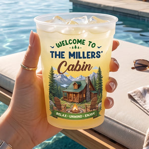 Personalized Family Name Plastic Cups - Wooden Cabin Campfire - Vacation Party